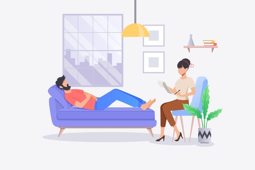 Psychotherapy practice in therapist office with patient on sofa. Cartoon illustration of psychology therapy counseling. Woman sitting and talking with patient vector