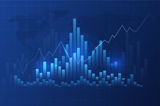 Glowing vector chart of investment financial data. Infographic elements and realistic transparent world map
