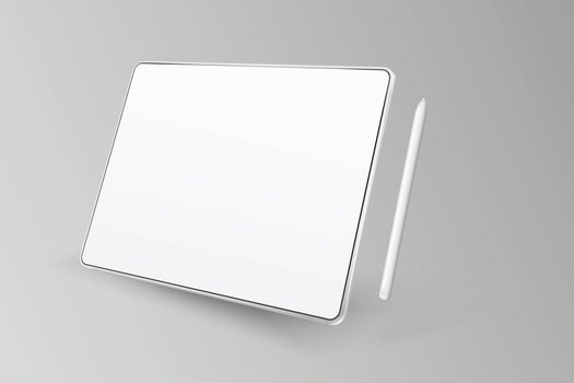 Empty tablet and pen on a light background. Device in perspective view. Tablet mockup from different angles. Illustration of device 3d screen vector