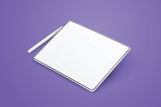 Empty tablet and pen on a violet background. Device in perspective view. Tablet mockup from different angles. Illustration of device 3d screen vector