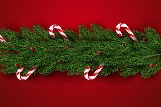 Realistic Christmas tree branches decorated with balls and candies. Holiday background. Xmas vector sale decorations