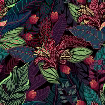 Seamless  tropical pattern with rainforest plants and flowers vector illustration in vintage style