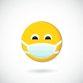 Emoji with mouth mask - yellow face with closed eyes wearing a white surgical mask vector