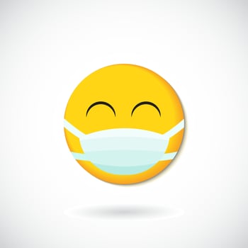 Emoji with mouth mask - yellow face with closed eyes wearing a white surgical mask vector