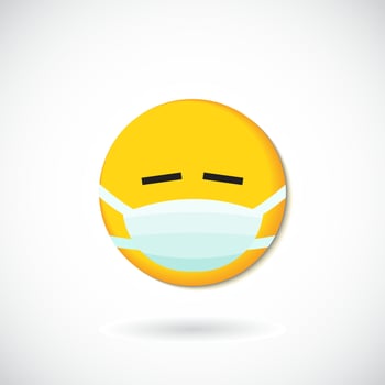 Emoji with mouth mask - yellow face with closed eyes wearing a white surgical mask vector