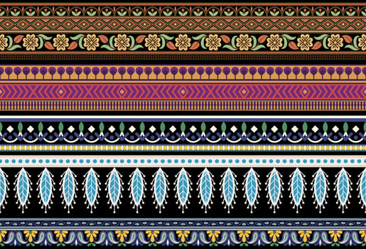 Set Ethnic Seamless borders and flower ornament, motif draws working illustration flowers and  ornament motif India design elements Neckline pattern or, repeat the floral texture vector