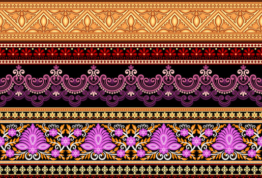Set Ethnic Seamless borders and flower ornament, motif draws working illustration flowers and  ornament motif India design elements Neckline pattern or, repeat the floral texture vector