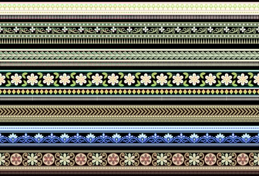 Set Ethnic Seamless borders and flower ornament, motif draws working illustration flowers and  ornament motif India design elements Neckline pattern or, repeat the floral texture vector