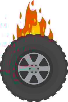 Burning wheel of car. Flames on tire. Symbol of speed and racing. Technical problems and accident. Fire on road. vector