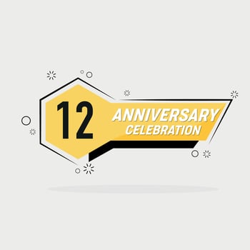 12 years anniversary logo vector design with yellow geometric shape with gray background