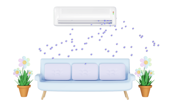 3d air conditioner system with anion, ozone, arrow air flows shows, bench or sofa in room isolated. 3d render illustration png