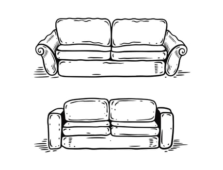 Hand drawn doodle sofa vector illustration set. Black color outline sketch.
