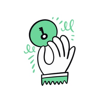 Hand with key sign. Hand drawn green cartoon doodle icon. vector