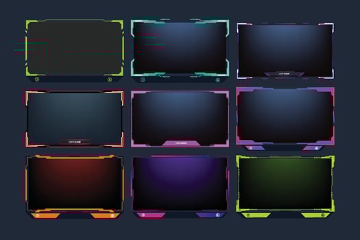 Live streaming overlay design collection for screen panels. Futuristic green, purple, and orange gaming overlay bundle for online gamers. Live stream overlay set vector with colorful buttons.