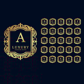 Alphabet Initial Logo with Luxury Decorative Golden Frame. Elegant Curl Floral Ornament. vector