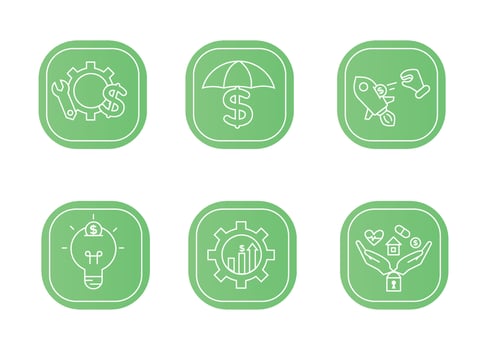Financial services icons set. Icons insurance, venture capital, asset management. Icons gear with a mechanical key and a dollar sign, palm with a lock, a house, a heart, a tablet and a coin vector