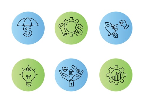 Financial services icons set. Icons insurance, venture capital, asset management. Icons gear with a mechanical key and a dollar sign, palm with a lock, a house, a heart, a tablet and a coin vector