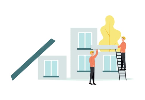 Vector illustration of a construction site of a building, men in helmets hold a stove, one of them is standing on the stairs, against the background of a tree