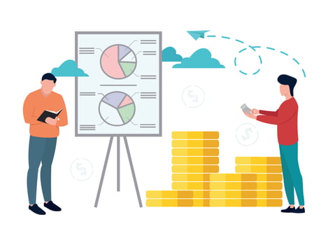 Econometrics. A man stands next to a tripod. Diagrams on the poster. The man is counting on a calculator. Vector illustration.