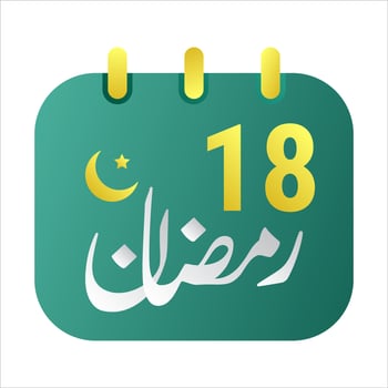 18th Ramadan Icons Elegant Green Calendar with Golden Crescent Moon. English Text. and Arabic Calligraphy. vector