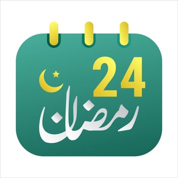 24th Ramadan Icons Elegant Green Calendar with Golden Crescent Moon. English Text. and Arabic Calligraphy. vector