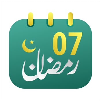 7th Ramadan Icons Elegant Green Calendar with Golden Crescent Moon. English Text. and Arabic Calligraphy. vector