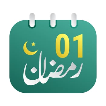 1st Ramadan Icons Elegant Green Calendar with Golden Crescent Moon. English Text. and Arabic Calligraphy. vector