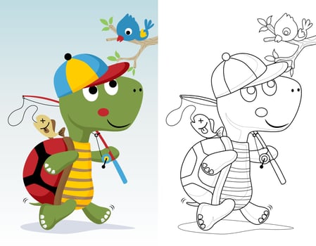 Coloring book or page of little turtle cartoon carrying fishing tackle, little bird on tree branches vector