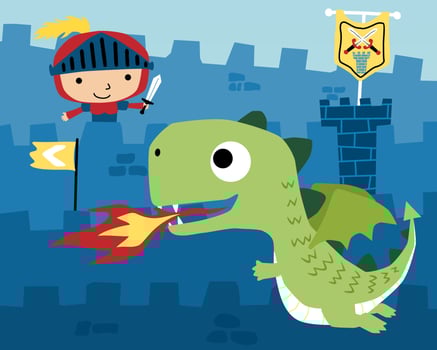 Funny dragon cartoon with little knight in castle vector