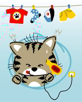 Cartoon kitten dried its fur with hair dryer, with it clothes hang on clothesline vector