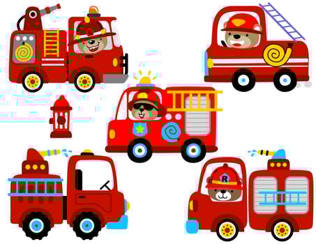 vector set of firetruck cartoon with funny bear the driver