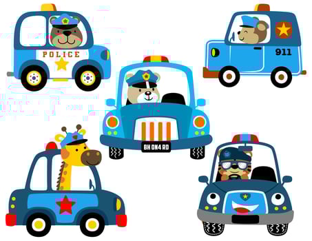 vector set of police cars cartoon with funny animals cop