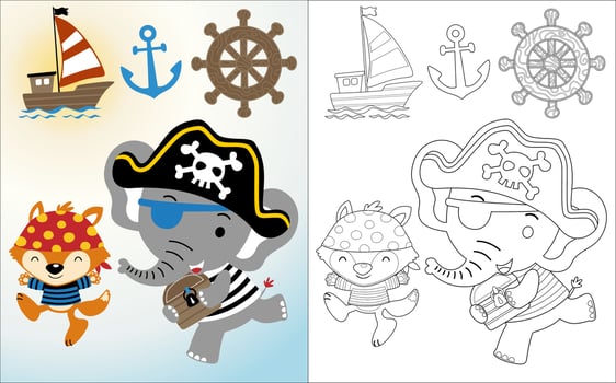 Vector cartoon of funny elephant with fox in pirate costume, pirate element illustration, coloring book or page