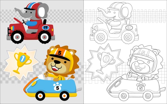Vector cartoon of elephant and lion on racing car with a trophy, coloring book or page illustration