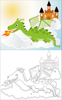 Cartoon dragon with a castle vector