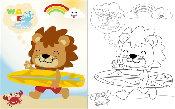 Vector cartoon of funny lion carrying surfboard, summer beach element illustration, coloring book or page