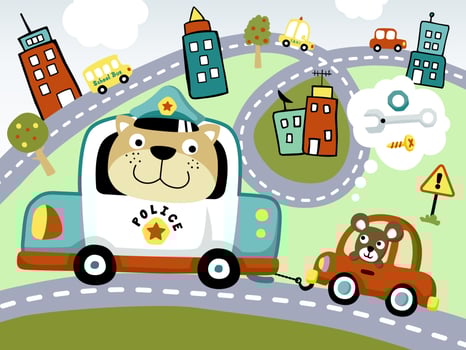Vector cartoon of funny cat driving police car towing little car in city road