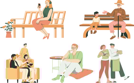 People sitting on bench and drinking coffee or tea. Flat vector illustration.
