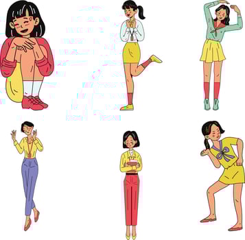 Set of beautiful girls in different poses. Vector illustration in cartoon style.