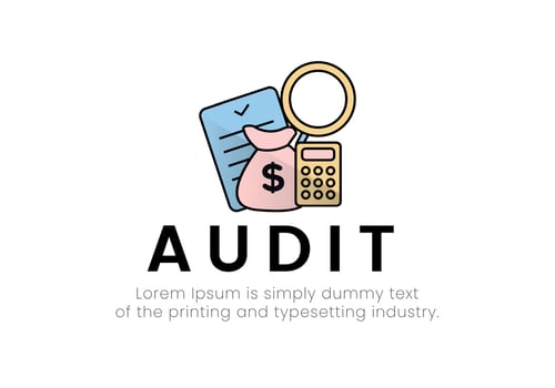 Finance. Vector illustration of audit logo. A money bag with a dollar sign, near it a calculator, a magnifying glass, a document, under them the inscription audit.