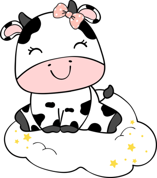 Cute happy smile baby cow sitting on cloud children cartoon character doodle hand drawing png