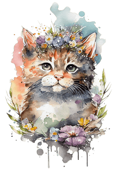 Watercolor cute hand drawn Cat, kitten in floral wreath, flowers bouquet, , png transparent background.