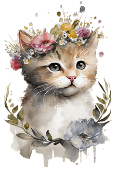 Watercolor cute hand drawn Cat, kitten in floral wreath, flowers bouquet, , png transparent background.