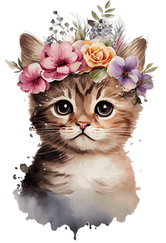 Watercolor cute hand drawn Cat, kitten in floral wreath, flowers bouquet, , png transparent background.