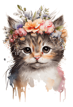 Watercolor cute hand drawn Cat, kitten in floral wreath, flowers bouquet, , png transparent background.