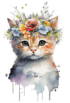 Watercolor cute hand drawn Cat, kitten in floral wreath, flowers bouquet, , png transparent background.