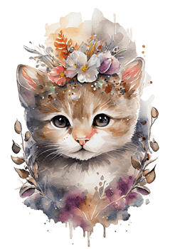 Watercolor cute hand drawn Cat, kitten in floral wreath, flowers bouquet, , png transparent background.