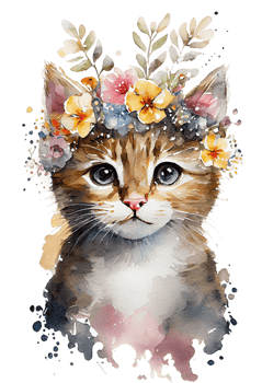 Watercolor cute hand drawn Cat, kitten in floral wreath, flowers bouquet, , png transparent background.