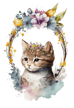 Watercolor cute hand drawn Cat, kitten in floral wreath, flowers bouquet, , png transparent background.
