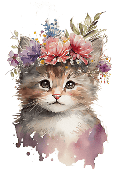 Watercolor cute hand drawn Cat, kitten in floral wreath, flowers bouquet, , png transparent background.